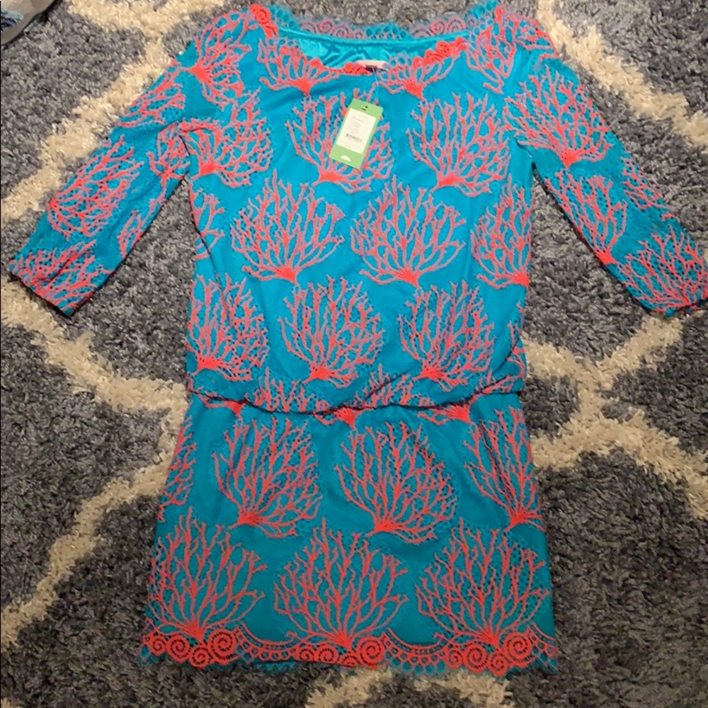 Lilly Pulitzer Cee Cee tunic dress, Teal and Hot Pink Coral Lace Mini Dress